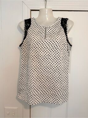 LOFT Size Small White Polka Dot Sleeveless Camisole with Black Lace Trim